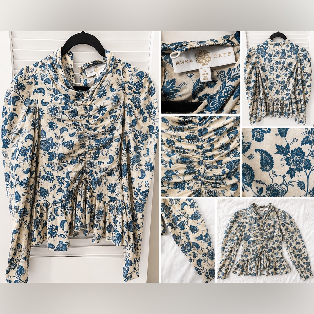 Anna Cate Size Small Blue Floral Ruched Peplum Blouse Puff Sleeve Top